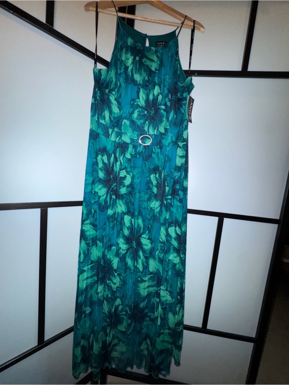 Alexa B Nites Teal Floral Maxi Dress with Sparkly Belt